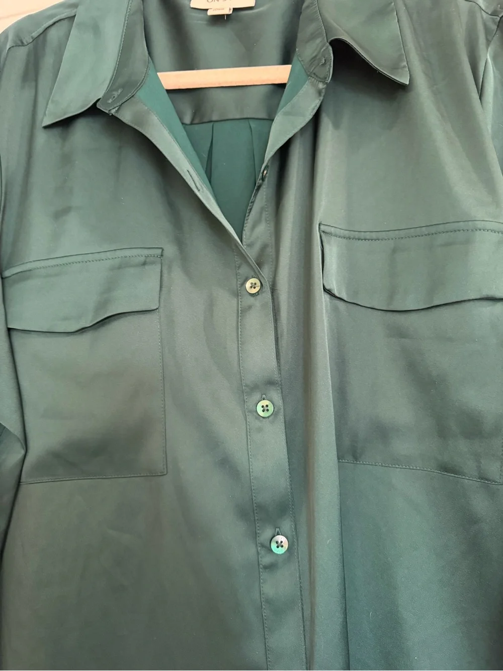 Emerald Green Silky Button-Front Blouse - Picture 3 of 8